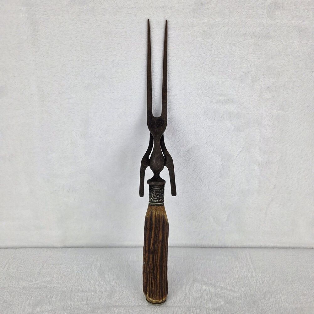 Antique 11" Two Prong Carving Fork Antler Handle Primitive Kitchen‎ Serving Fork